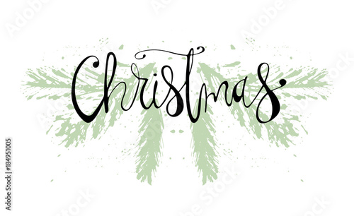 Merry Christmas Hand Drawn christmas tree branch and lettering isolated on white. Cute xmas holiday background for postcards  invitations  greeting cards  banners  posters  etc. Made in vector