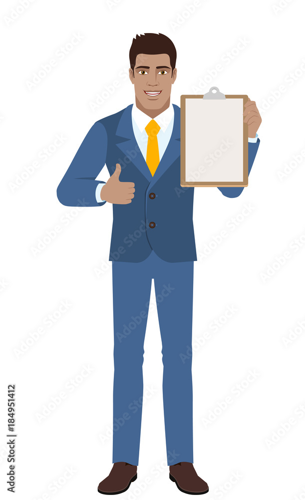 Businessman showing thumb up and holding clipboard Businessman showing thumb up and holding clipboard