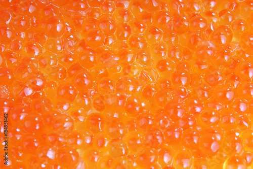 Red caviar studio photo. Caviar texture pattern background food closeup wallpaper. Healthy sea food. Orange or red luxury caviar as background. Salmon big caviar balls closeup photo as texture.