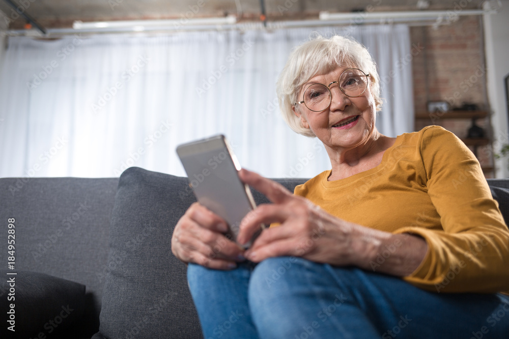 Low angle portrait of aged excited woman holding cellphone while sitting on comfortable couch. She is resting at home while looking at camera. Copy space Low angle portrait of aged excited woman holding cellphone while sitting on comfortable couch. She is resting at home while looking at camera. Copy space