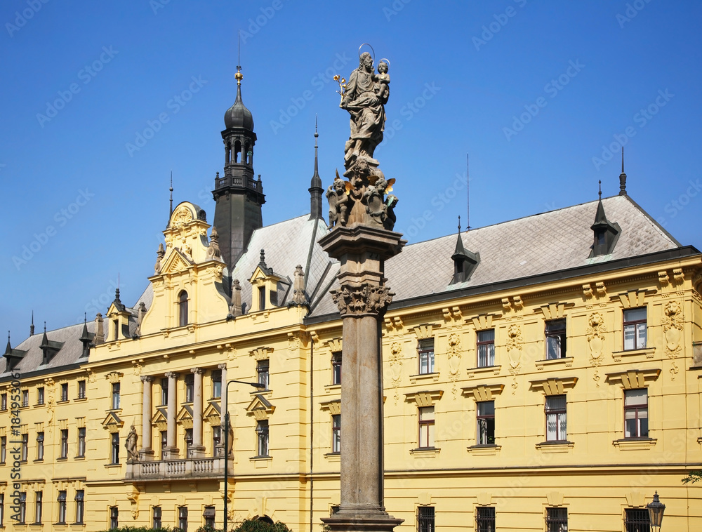 Prague municipal court and  Monument to Jan Zelivsky at Charles square. Czech Republic