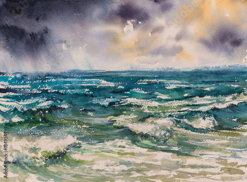 Hand drawn illustration of sea waves and dramatic sky. Picture created with watercolors.