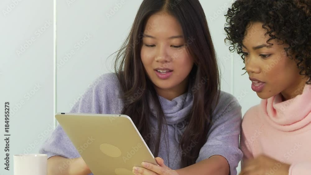 Two business women using touchpad at office