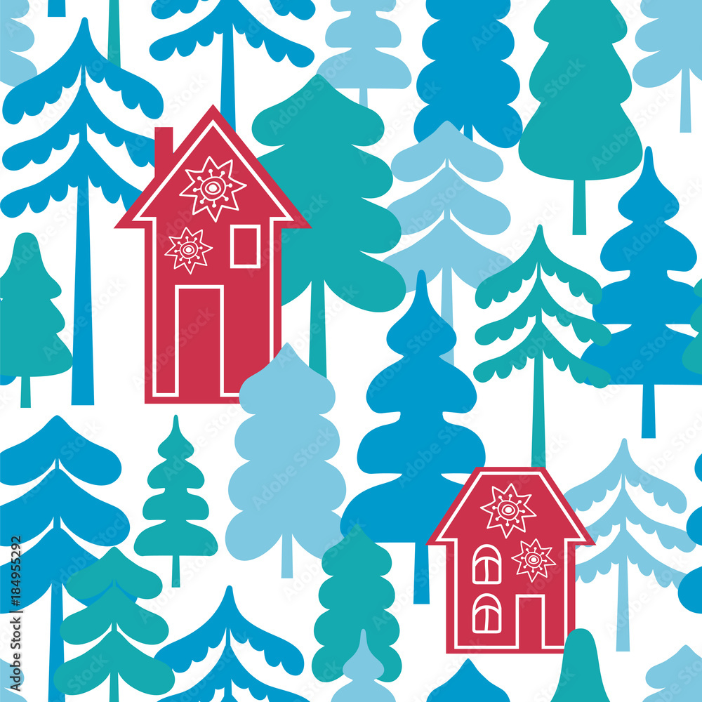 Winter background. Seamless vector pattern with trees and houses.