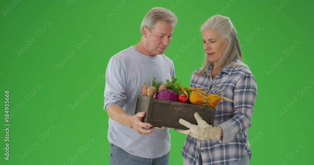 Lovely senior couple holding crate of fresh vegetables Lovely senior couple holding crate of fresh vegetables