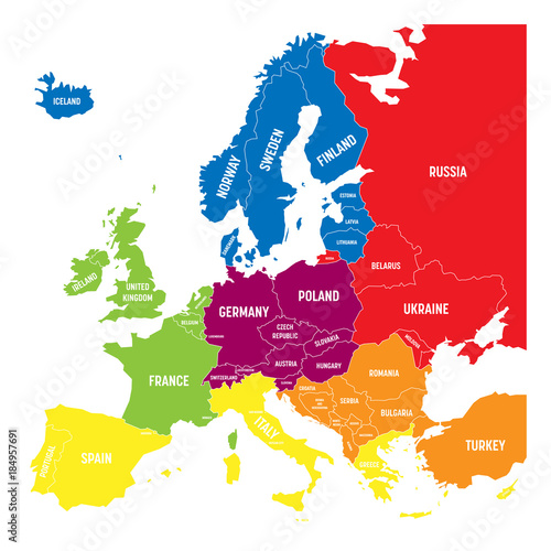 Six geographical regions of Europe - Southern, Southeastern, Western, Central, Eastern and Northern. Flat political vector map with labels.