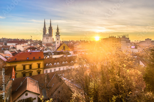 Zagreb aerial view sunrise. / Aerial view at marble architecture in city center of town Zagreb at sunrise, Croatia Europe.