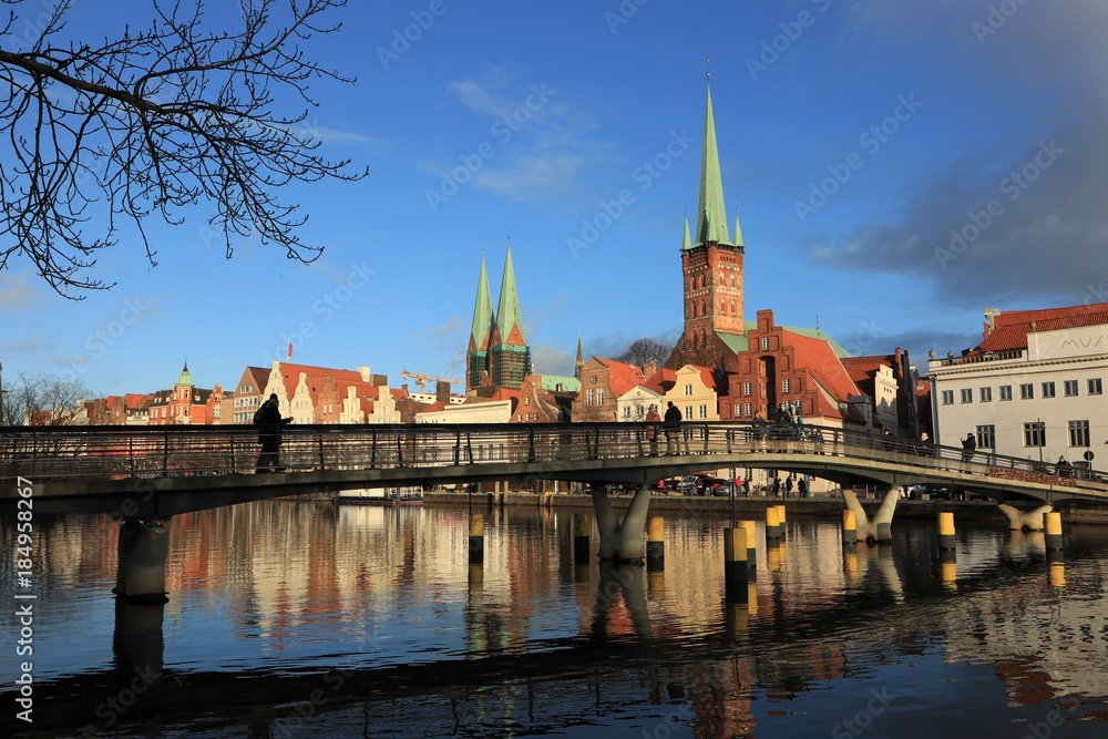 brige over the river Obertrave in the historic Hanseatic city of Lübeck, Schleswig Holstein, Germany