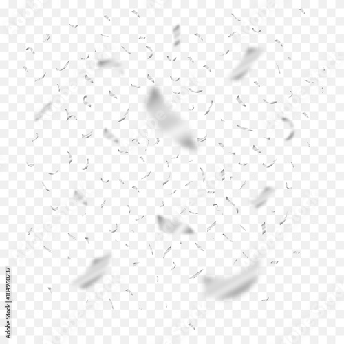 Silver flying confetti in different focus. Celebration metallic argent ribbons. Festival decor with falling shiny glitters. Vector illustration.