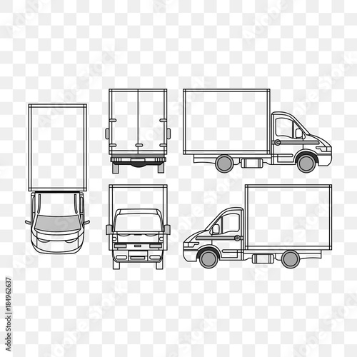 Vector small truck front view back view and side view. Cargo delivery.  Flat  design. Black outline truck car for transportation. Corporate identity.