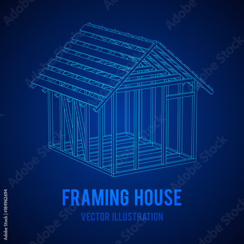 Abstract architecture building. Plan of modern framing house. Wireframe low poly mesh construction home.