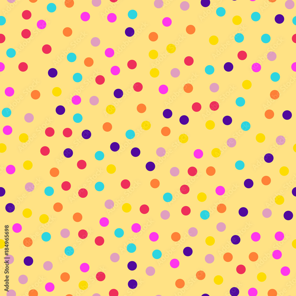 Memphis style polka dots seamless pattern on yellow background. Good-looking modern memphis polka dots creative pattern. Bright scattered confetti fall chaotic decor. Vector illustration.