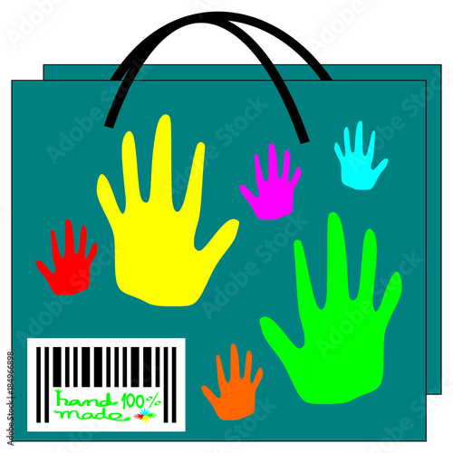 Green bag, handmade symbol and bar code, vector