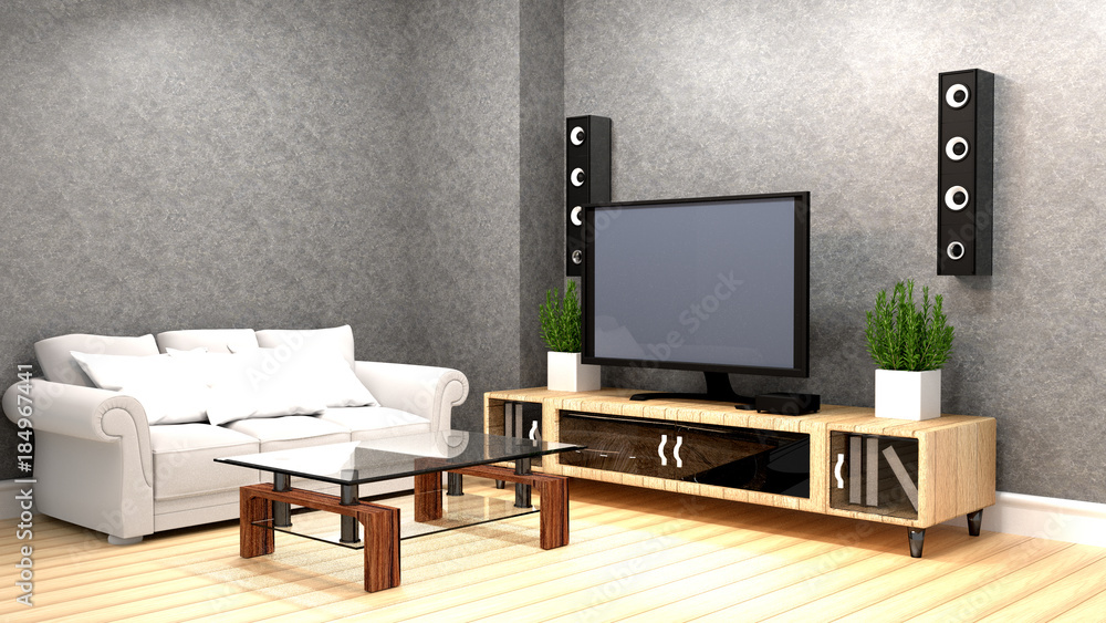Karaoke room Modern red style with Tv and Loudspeaker. 3D rendering Karaoke room Modern red style with Tv and Loudspeaker. 3D rendering