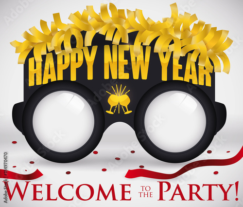 Party Glasses with Golden Streamers and Confetti for New Year, Vector Illustration