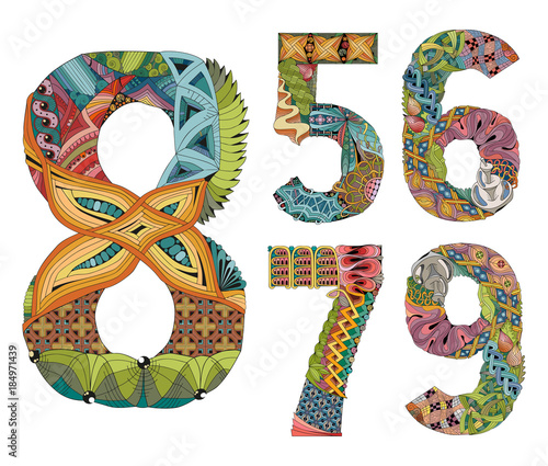 Set of numbers five, six, seven, eight, nine Zentangle. Vector decorative objects