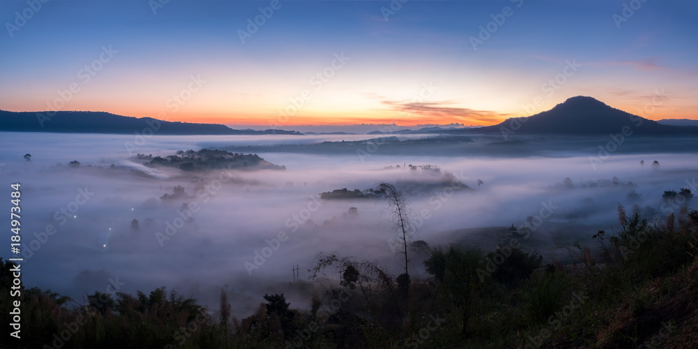 Panorama Landscape fog in morning sunrise at Khao Takhian Ngo View Point at Khao-kho Phetchabun,Thailand