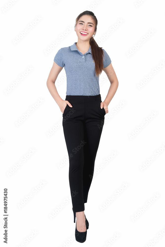 Fototapeta premium Smiling young woman in gray polo shirt on a white background