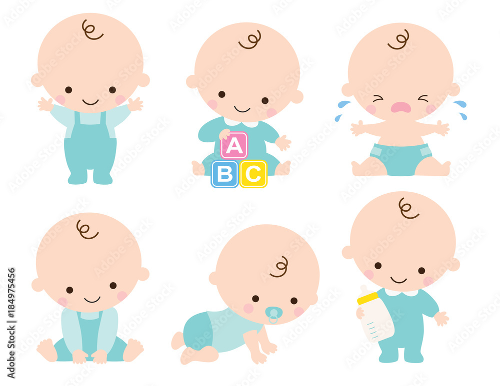 Cute baby or toddler boy vector illustration in various poses such as  standing, sitting, crying, playing, crawling. Stock Vector | Adobe Stock