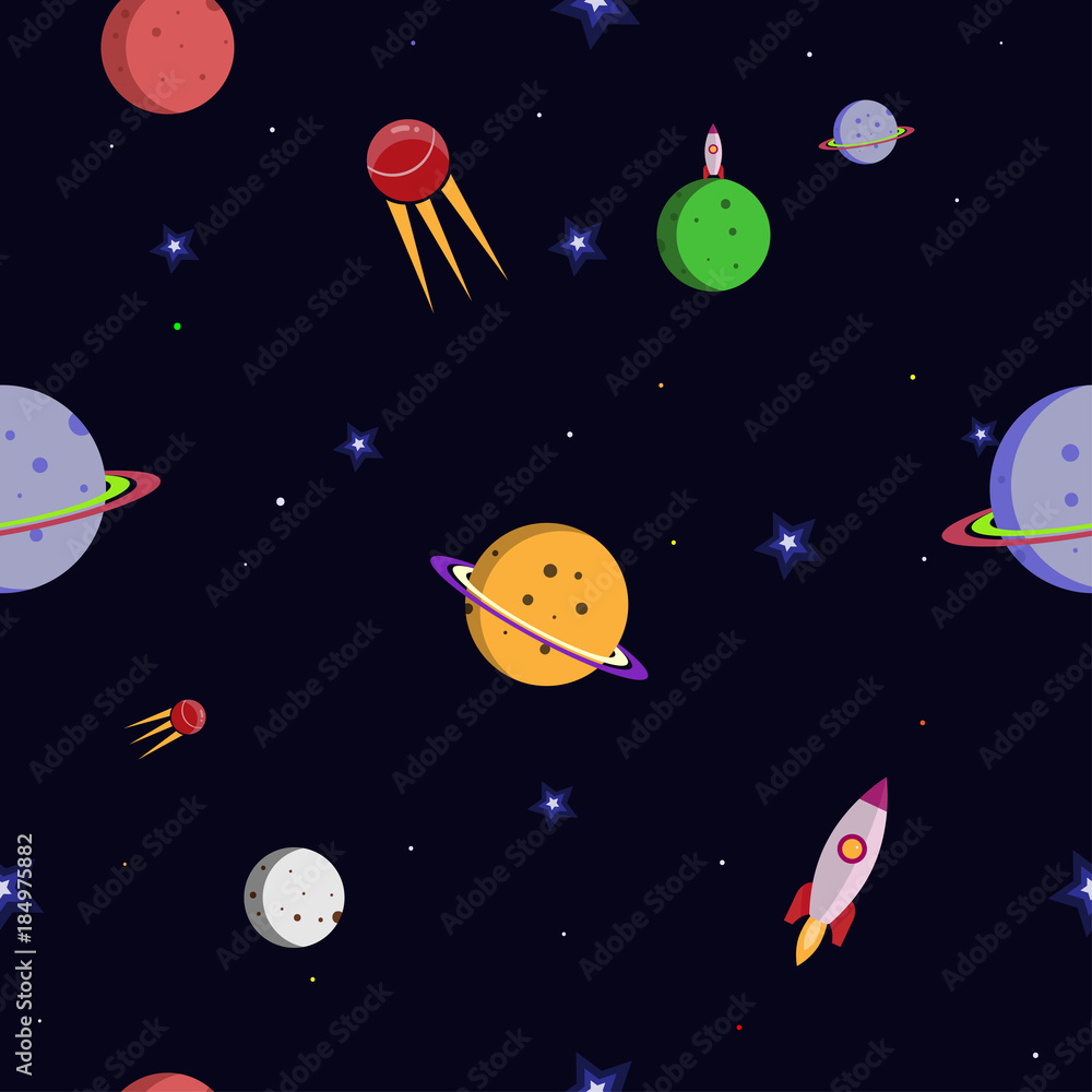 Space. Rocket. Planets and stars in a flat style. Seamless pattern. Space. Rocket. Planets and stars in a flat style. Seamless pattern.