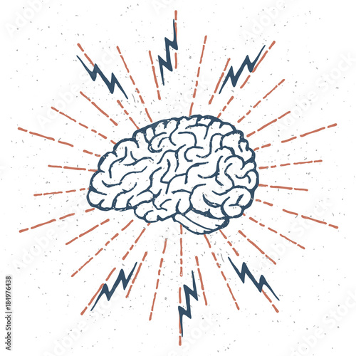 Hand Drawn Brain Lightning Bolts. Vector