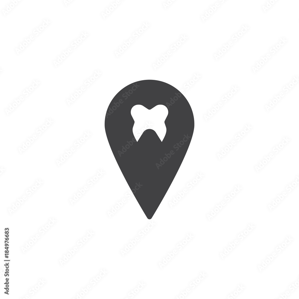 Fototapeta premium Dental pin point location icon vector, filled flat sign, solid pictogram isolated on white. Tooth with map pin symbol, logo illustration.
