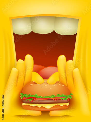 Yellow smiley face character eating burger concept card
