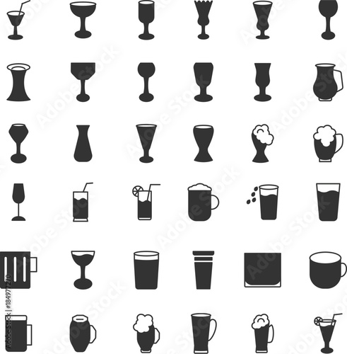 Bar glassware black silhouette icons set