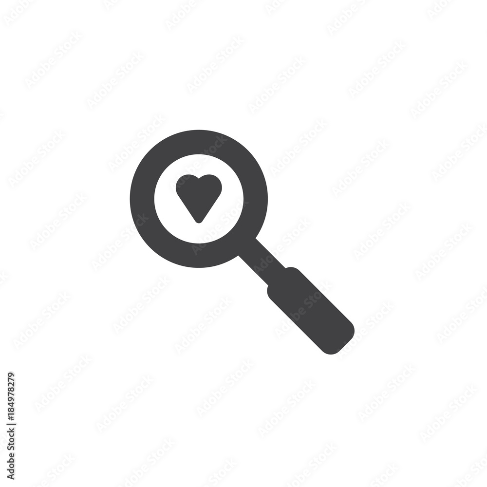 Heart with magnifying glass icon vector, filled flat sign, solid pictogram isolated on white. Love search symbol, logo illustration Heart with magnifying glass icon vector, filled flat sign, solid pictogram isolated on white. Love search symbol, logo illustration
