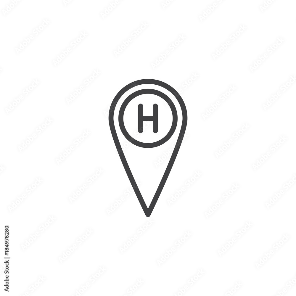 Hospital location line icon, outline vector sign, linear style pictogram isolated on white. Map pointer with hospital symbol, logo illustration. Editable stroke Hospital location line icon, outline vector sign, linear style pictogram isolated on white. Map pointer with hospital symbol, logo illustration. Editable stroke