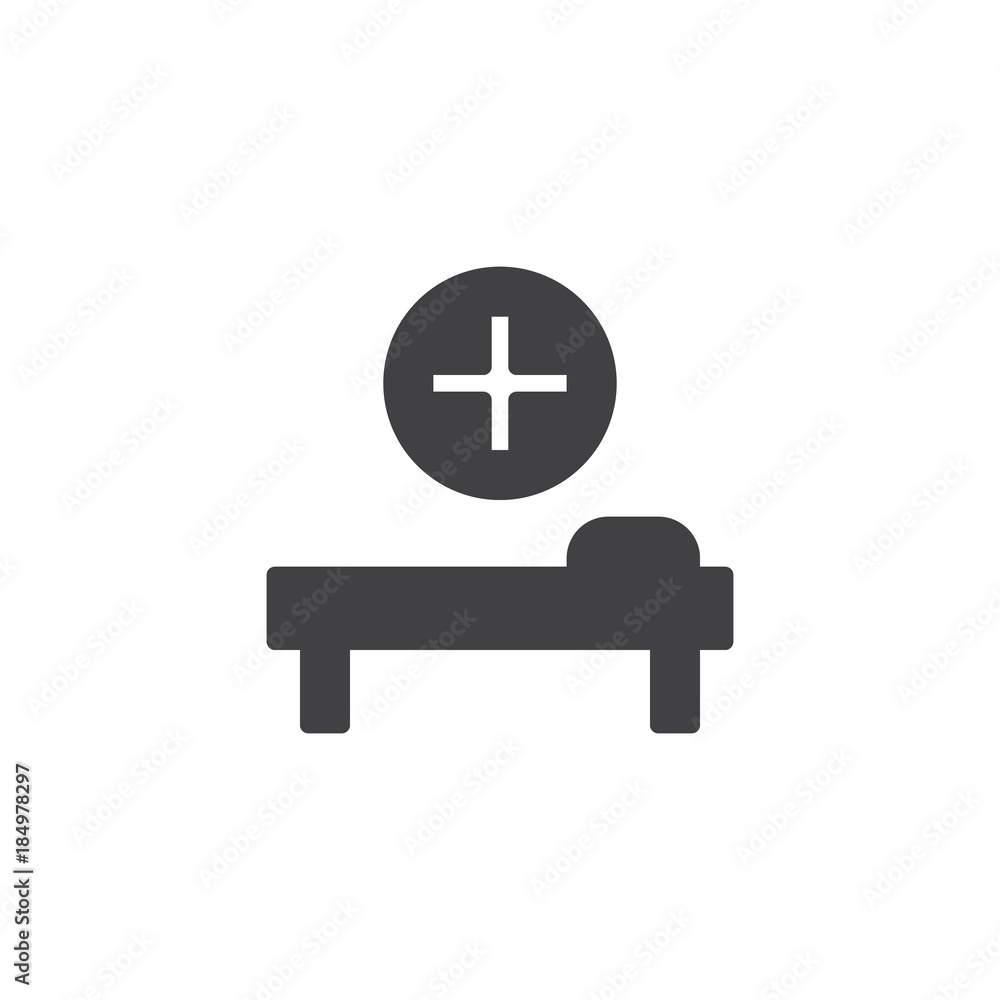 Hospital bed and the cross icon vector, filled flat sign, solid pictogram isolated on white. Symbol, logo illustration Hospital bed and the cross icon vector, filled flat sign, solid pictogram isolated on white. Symbol, logo illustration
