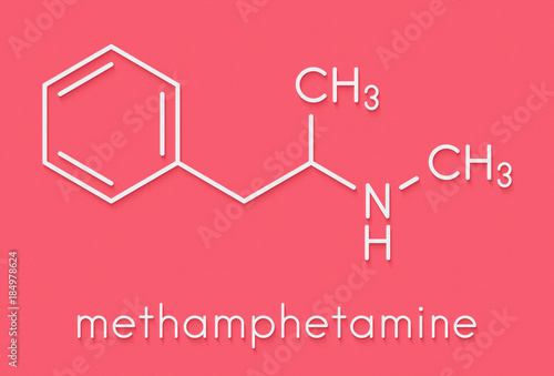 Methamphetamine (crystal meth, methamfetamine) stimulant drug molecule. Skeletal formula. photo