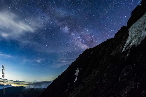 南アルプス、夜の北岳から富士山と天の川を遠望する、絶景登山