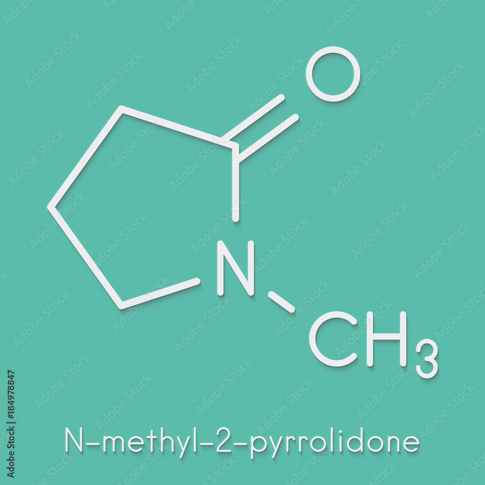 N-methyl-2-pyrrolidone (NMP) chemical solvent molecule. Skeletal formula. N-methyl-2-pyrrolidone (NMP) chemical solvent molecule. Skeletal formula.