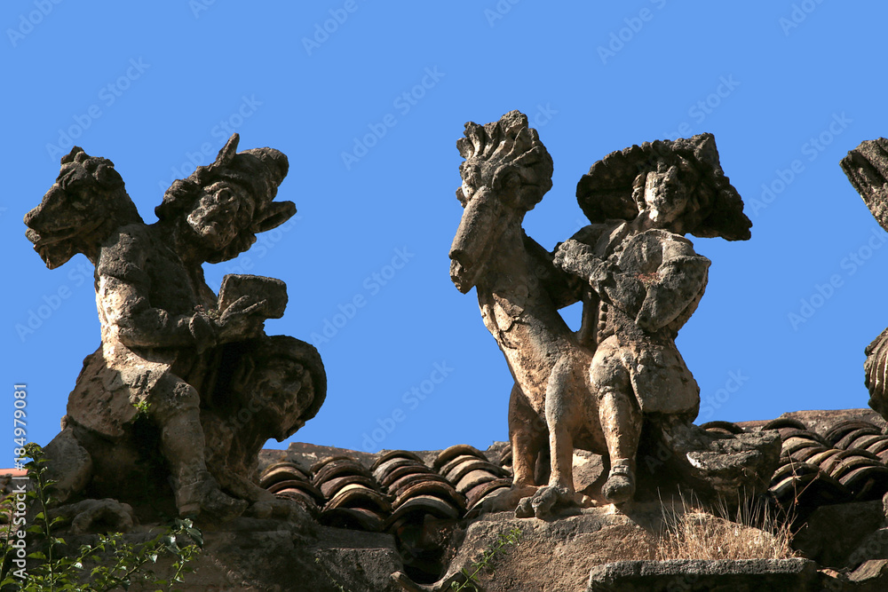 Bagheria, Sicily, Italy. People and monsters: sculptures made of tuff in the villa of Palagonia, XVIII century