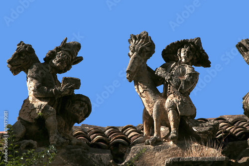 Bagheria, Sicily, Italy. People and monsters: sculptures made of tuff in the villa of Palagonia, XVIII century