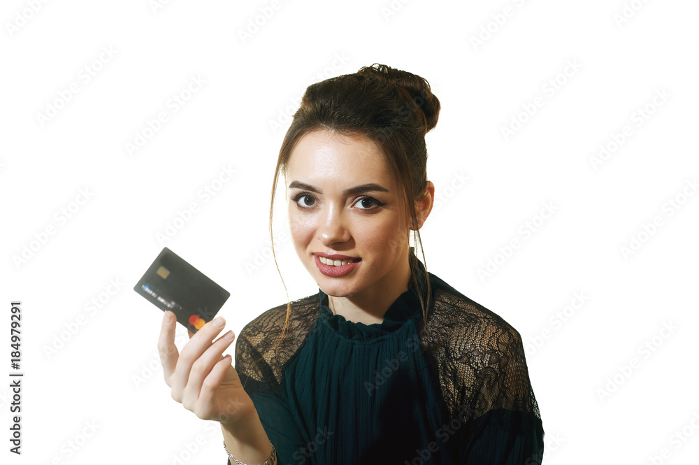 Portrait of young emotional woman with credit card isolated on white background Portrait of young emotional woman with credit card isolated on white background