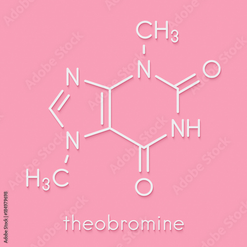 Theobromine (xantheose) chocolate alkaloid molecule. Present in cacao, tea, etc. Also used as drug. Skeletal formula. © molekuul.be
