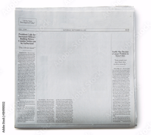 Fake Newspaper Partially Blank with Fake Articles on White Background photo