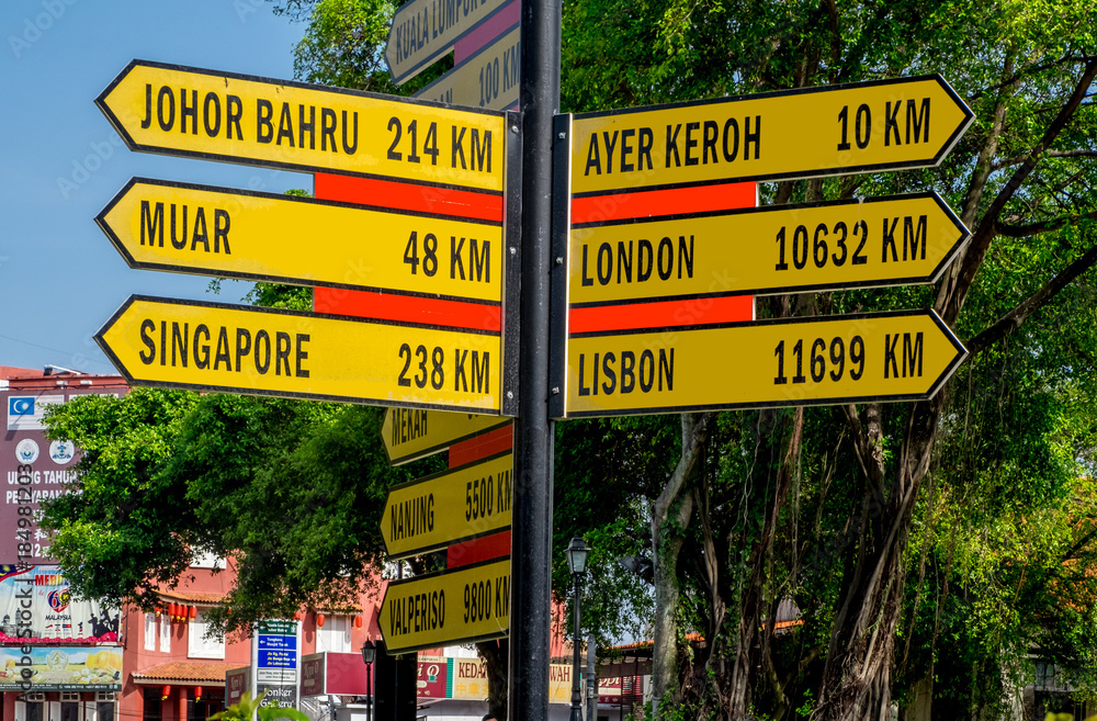 Sign post with mileage markers in downtown Melaka Malaysia