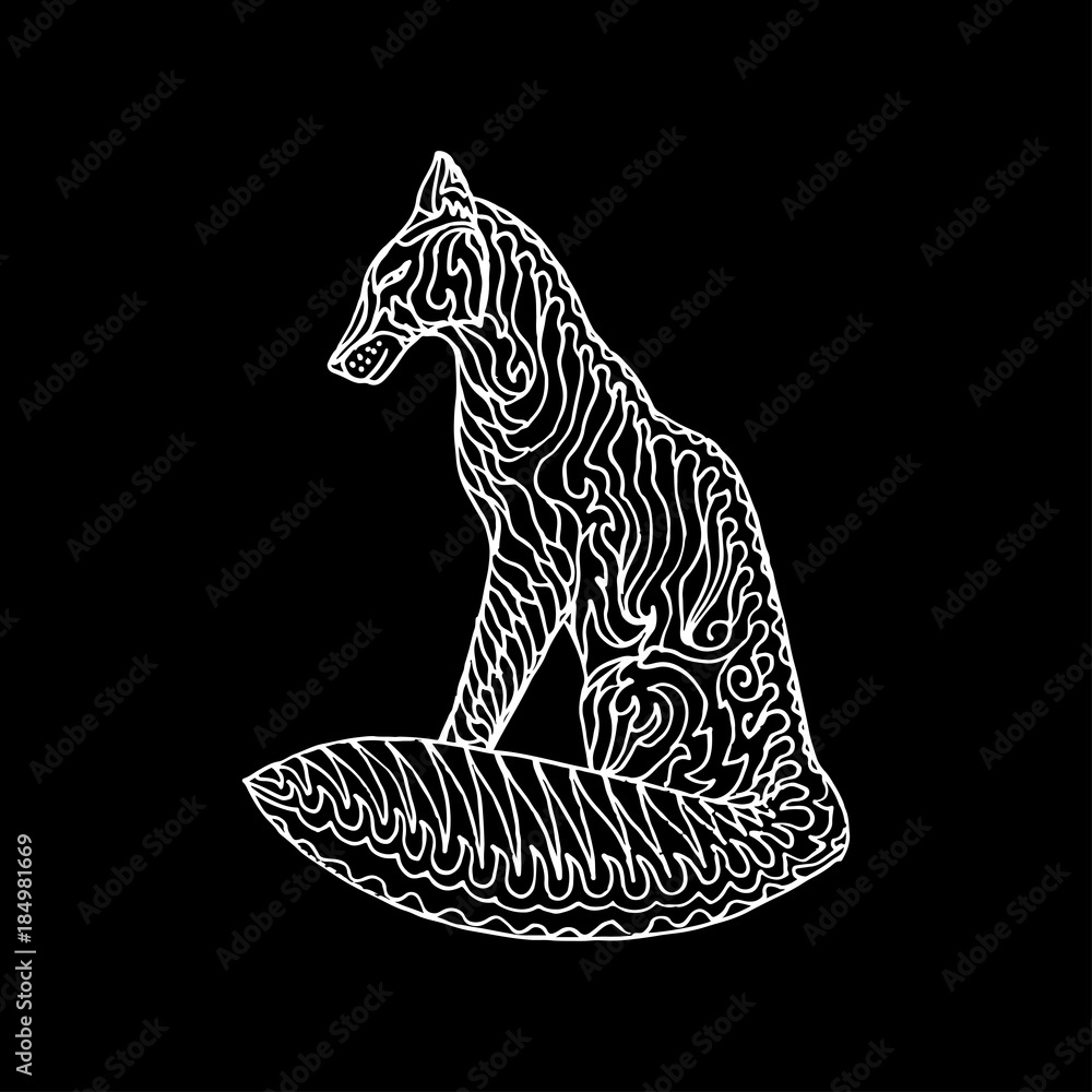 White hand drawn fox decorative contour image on black background. Wild forest animal vector illustration. White hand drawn fox decorative contour image on black background. Wild forest animal vector illustration.