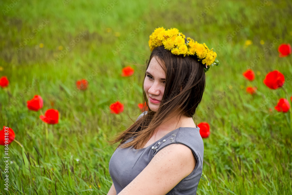 Beautiful fairy young girl in a field among the flowers of tulips. Portrait of a girl on a background of red flowers and a green field. Field of tulips. Beautiful fairy young girl in a field among the flowers of tulips. Portrait of a girl on a background of red flowers and a green field. Field of tulips.