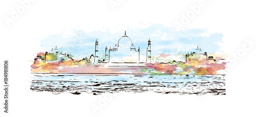 Watercolor splash with hand drawn sketch of Taj Mahal in Agra, India. Colorful vector illustration.