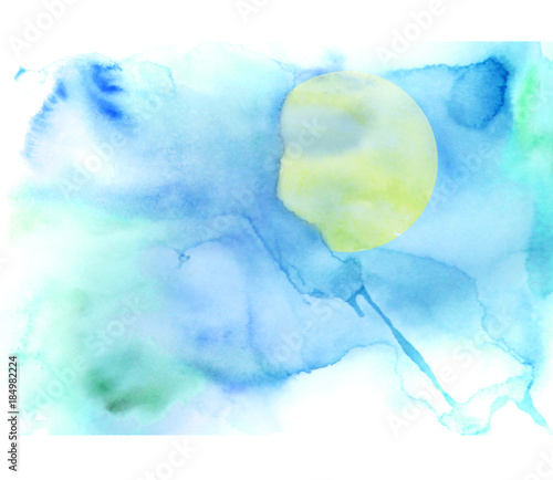 Watercolor blue background, blot, blob, splash of blue paint. Watercolor blue, purple sky, spot, abstraction. Yellow sun, moon against a blue sky. The sun, the moon behind the cloud.
