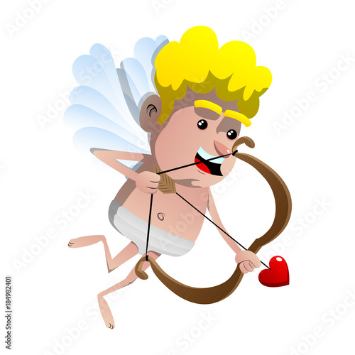 Cupid flying with bow and arrow, aiming to something or someone. Vector cartoon character illustration.