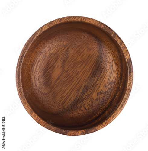Empty wooden bowl isolated on white background. Top view