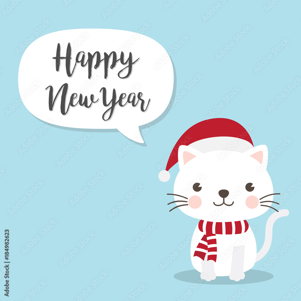 Christmas Cat Kitten cartoon character. A Cute Kitten standing on blue  background. Flat design Vector illustration. Merry Christmas and Happy New  Year card. Stock Vector | Adobe Stock