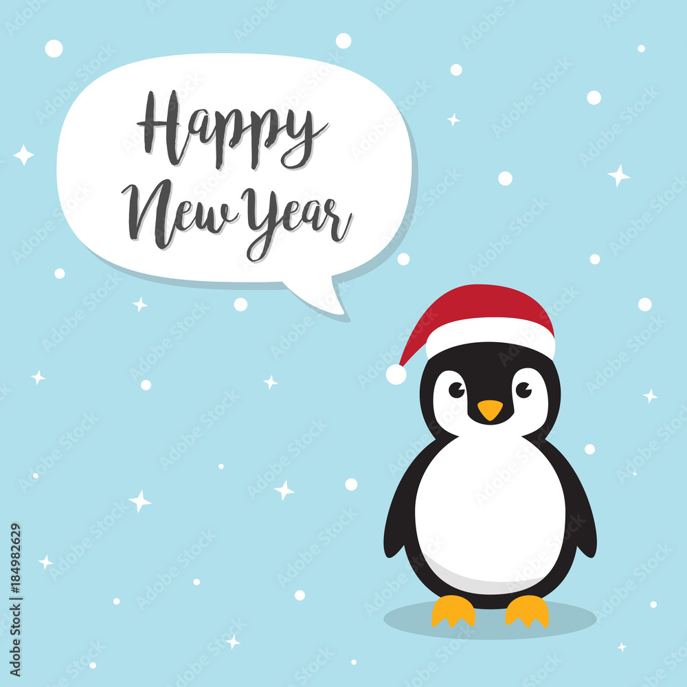 Penguin cartoon character. Cute Penguins wearing Santa Claus hat standing on sky blue background. Flat design Vector illustration for Merry Christmas and Happy New Year invitation card. Penguin cartoon character. Cute Penguins wearing Santa Claus hat standing on sky blue background. Flat design Vector illustration for Merry Christmas and Happy New Year invitation card.