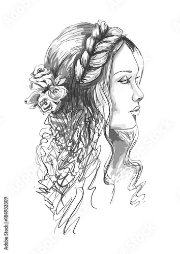Wedding portrait. Monochrome portrait of a girl with flowers in her hair. Fashion woman. Hand drawn sketch. Vector illustration isolated on white background.