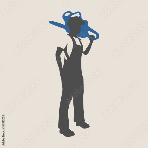 Lumberjack worker standing with chainsaw. Vector silhouette